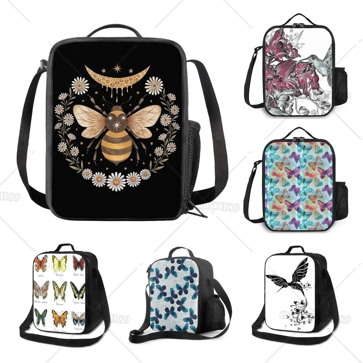 Daisy Bee Butterfly Bird Lunch Bag Insulated Lunch Box Kids Daycare Food Box Keep Warm Lunch Tote with Shoulder Strap and Pocket