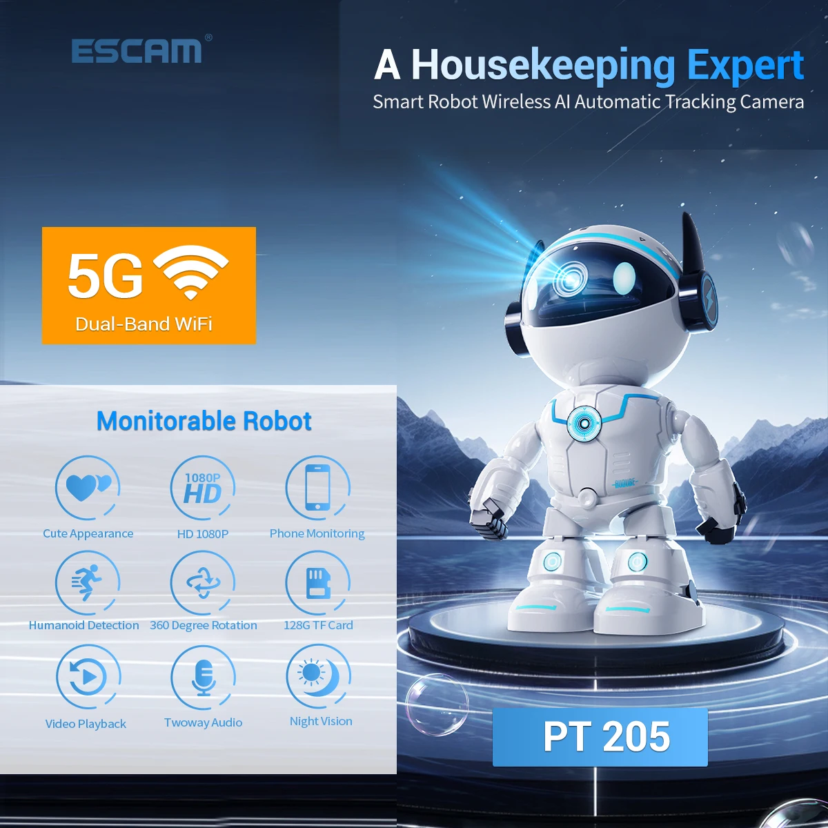 ESCAM PT205 5GデュアルWifiスマートロボット ESCAM PT205 1080P Câmera IP Inteligente Robô WIFI Monitor de Bebê