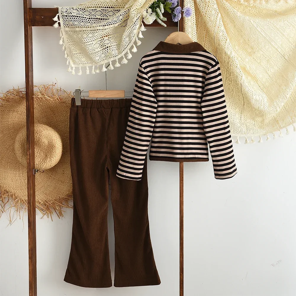 Autumn New Teen Girl Clothes Korean Version Brown Striped Long Sleeved Zipper Jacket+Pants Casual Sports Children's Suit