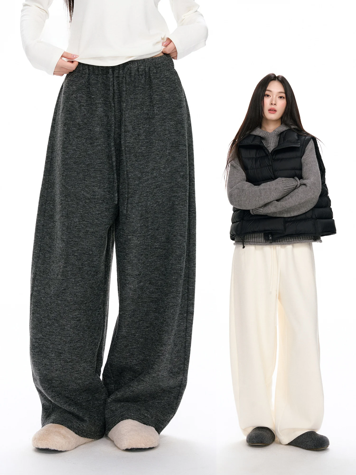 

Nikoq Women's Fce Lined Loose Wide Leg Casual Pants Elastic Waist Thiened Winter Warm Trousers Straight Cut Comfortable