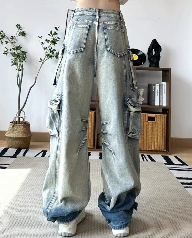 American Vintage Streetwear Women's Fashion Jeans Gradient Multi Pocket Denim Cargo Pants High Waist Washed Hiphop Chic Jeans