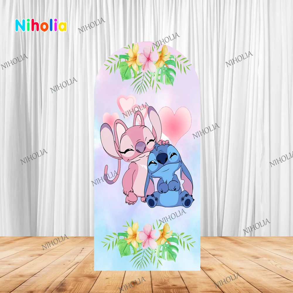 Stitch and Angel Arch Backdrop Kids Birthday Party Flowers Photograph Background Photo Wall Decoration Baby Shower Booth Booth