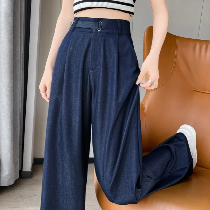 REALEFT Vintage Dünne Denim Lose frauen Breite Bein Hose 2025, Neue Hohe Taille Taste Gerade Casual Volle Länge Hosen weibliche