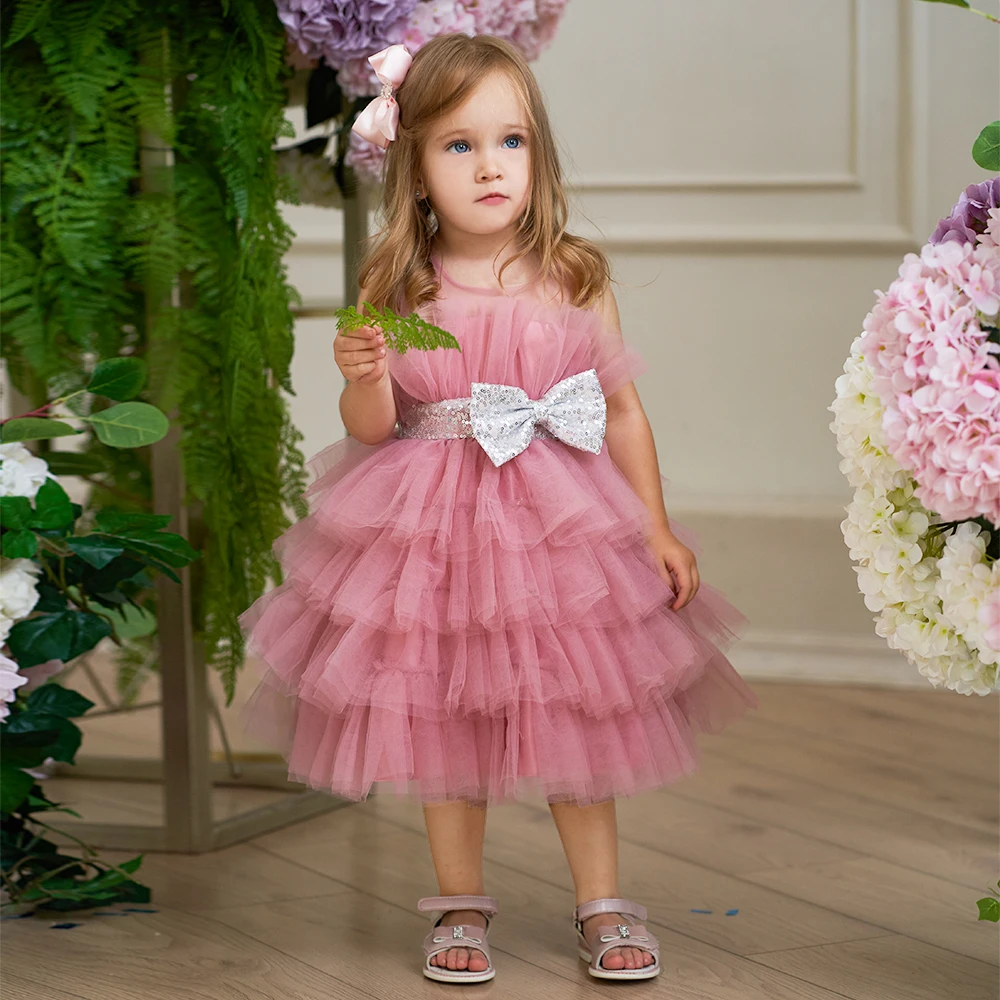 Robe de princesse en maille pour bébé fille, costume de mariage à fleurs, vêtements chérie pour enfants, matériel de fête d'anniversaire, week-end