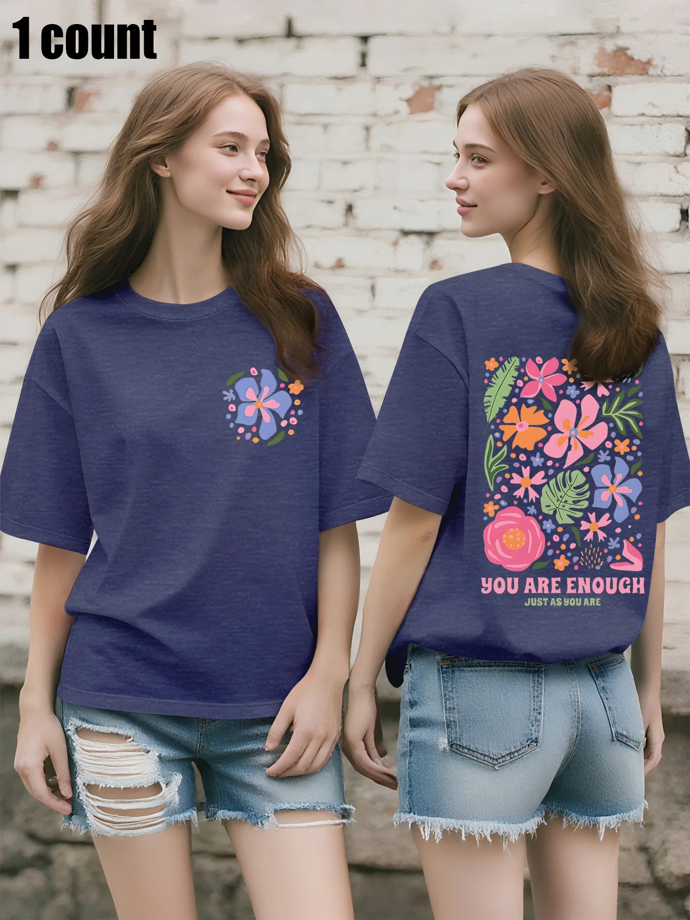 Plus Size Women's Oversized T - Shirt, Front Floral Pocket & Back "YOU ARE ENOUGH" Print, Boho Graphic Tee, Short - Sleeve Top