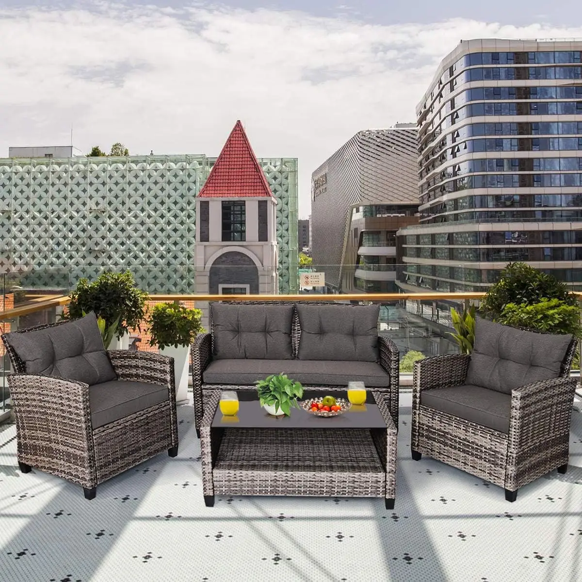 Pátio Wicker Conversação Móveis Set, Sofá ao ar livre do Rattan Set com almofada acolchoada, mesa de café de vidro temperado, 4 pcs