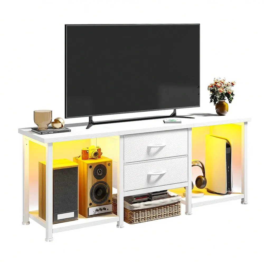 LED TV Stand With 2 Fabric Drawers 2 Open Storage Shelves, TV Console MultiFunctional Storage Cabinet For Living Room, Easy To