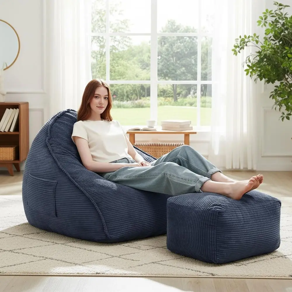

Large Corduroy Bean Bag Chair with Ottoman, Ideal for Reading and Relaxing in Living Rooms or Bedrooms (K Blue)