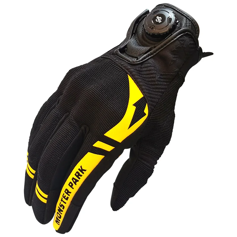 Drop-resistant touchscreen motorcycle glove knob riding gear with electronics and safety features from Monster Park