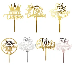 Acylic Feliz Cumpleanos Espanol Spanish Happy Birthday Cake Topper Gold Crown Design Cupcake Baking Supplies Party Decoration