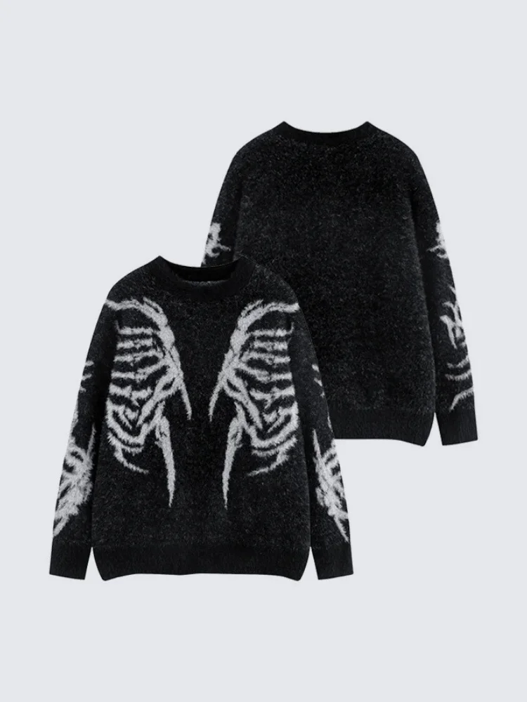 

Rebellious Street Style Cropped Sweater With Artistic Bone Jacquard Detailing And Cosy Oversized Silhouette