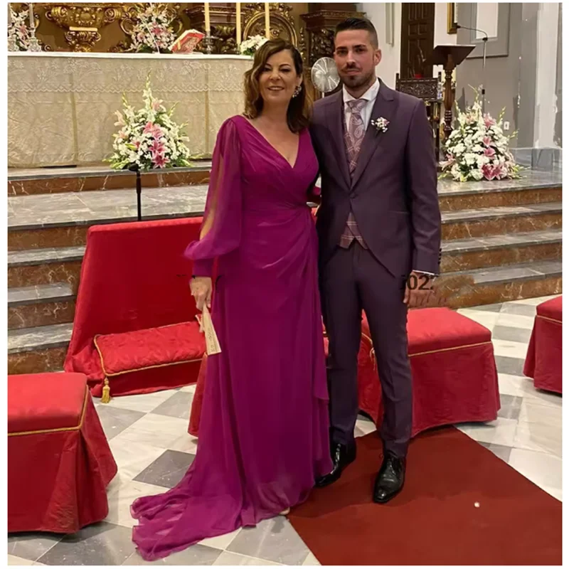 

Fuchsia Wedding Guest Dresses for Women Long Sleeves V Neck Mother of the Bride Dress Backless Column Women's Evening Gowns