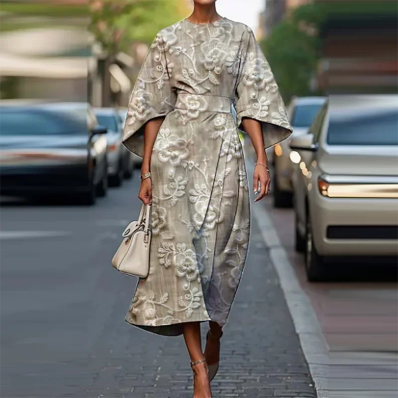 أنيقة طاقم الياقة شريط طباعة فستان طويل عادية المرأة مطوي فستان الحفلات الربيع خمر مطبوعة Batwing كم تخفيف فستان #3