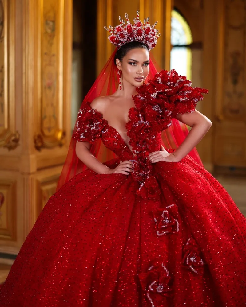 Exquisite Red Sequin Wedding Dresses With Back Bow Ribbon Handmade Flower Bridal Gowns Vestidos De Boda 2025 Female Customized