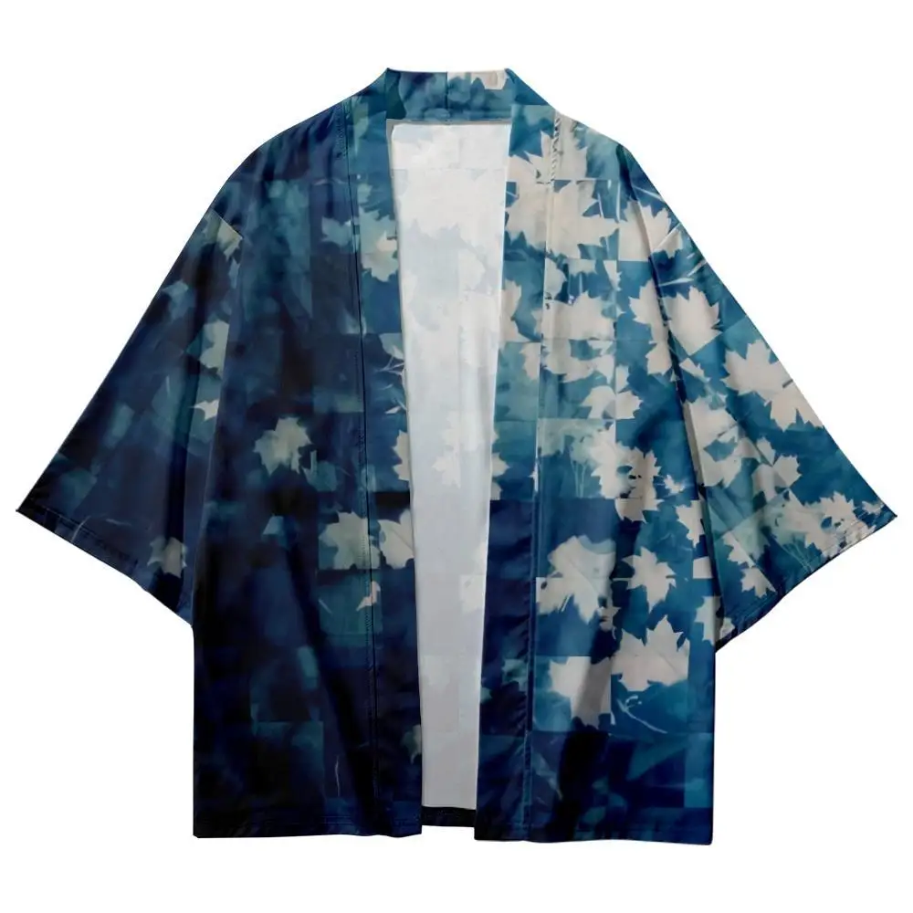 Summer Casual Loose Couple Women Men Haori Yukata Gradient Tie Dye Leaves Plaid Printed Kimono Beach Shorts Streetwear Cardigan