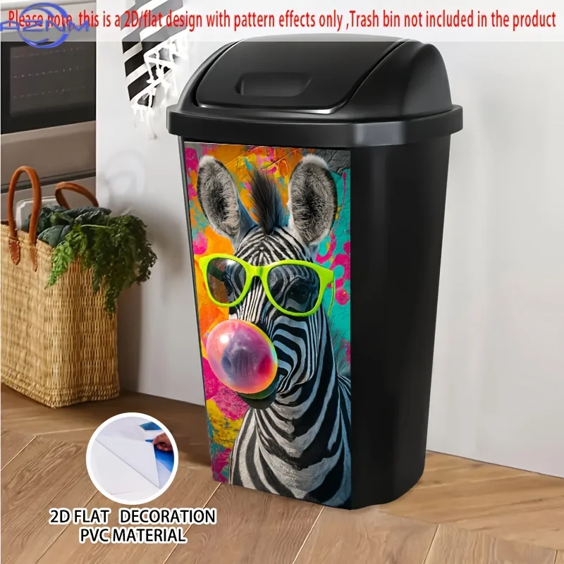Extra Large Self-Adhesive PVC Trash Can Stickers - Neon Zebra with Green Glasses & Bubble Gum Bubble Gum - Removable Wallpaper
