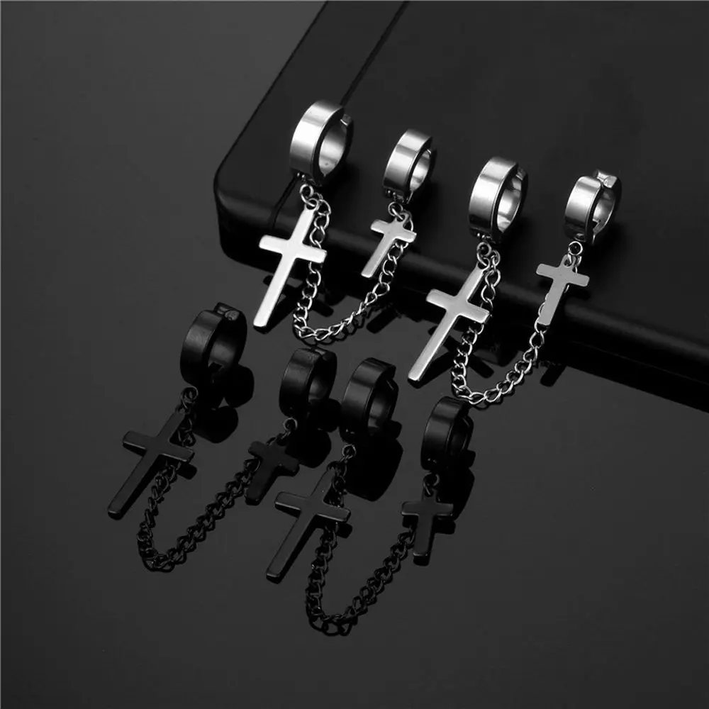 Trendy Clip On Earrings Titanium Steel No Pierced Cross Punk Korean Stud Earrings Men Ear Cuff Women Ear Clip Dangle Earrings