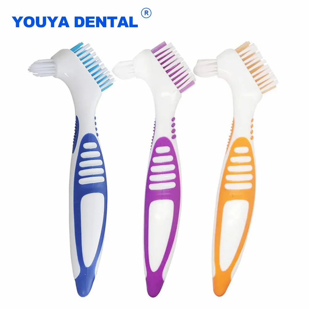 Multi-Layered Bristles Denture Cleaning False Teeth Brush Oral Care Non-slip Ergonomic Rubber Handle Dual Heads Antibacterial