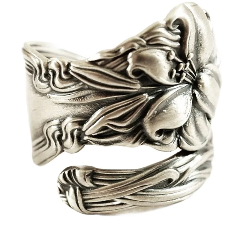 *خاتم زهرة اللوتس الرجعية للرجال والنساء فضية اللون الشرير القوطية خاتم قابل للتعديل خمر اليدوية للجنسين مجوهرات اكسسوارات هدية