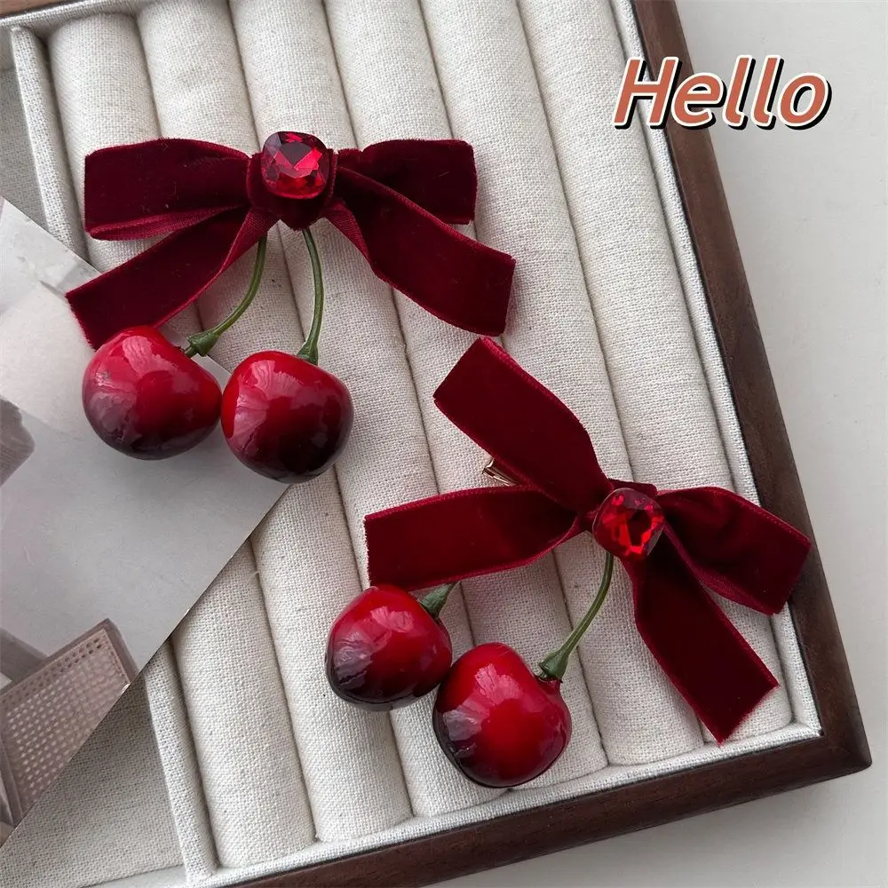 Retro Red Velvet Cherry Hairpin Cloth Bowknot Velvet Bow Hair Clip Korean Style Headwear Barrettes Female Hair Accessories