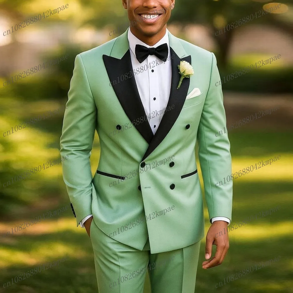 

New Black Collar Mint Green Men Formal Tuxedos Groom Groomsman Wedding Party Prom Male Business Suit 2 Piece Set Blazer Pants