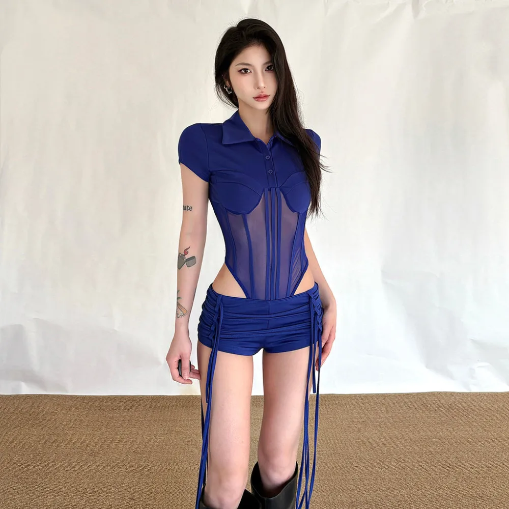 SylCue Sexy Fashion 2Piece Set Woman Mesh Patchwork Button Lapel Skinny Bodysuit+Tassel Decoration Shorts High Street Style Suit