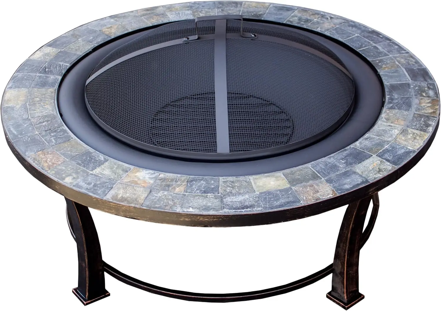 

FT51216 Burning Fire Pit w Wood Grate and Domed Mesh Screen Lid Medium Stone