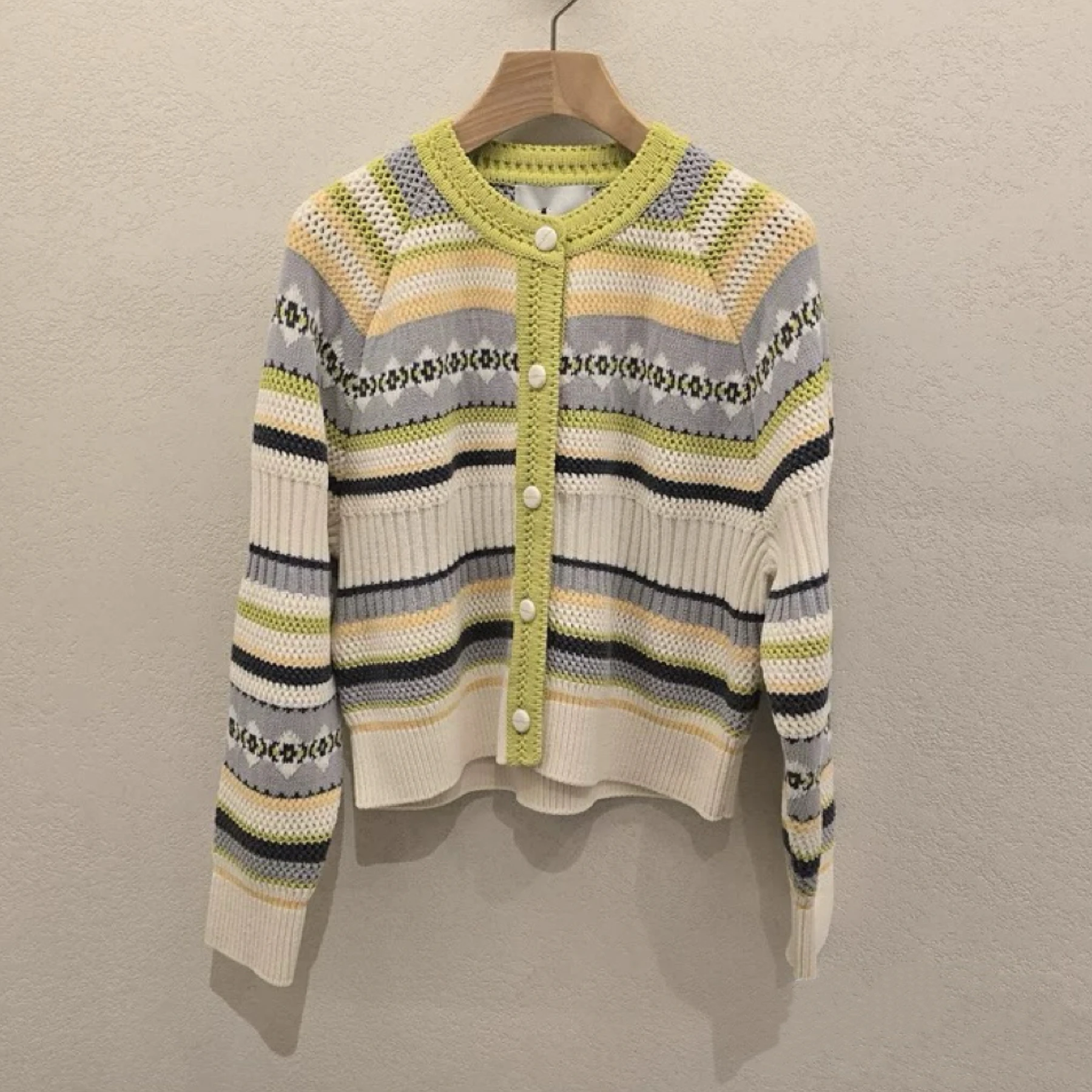 

Faionable Dyeing Color Blo Dopane Stripes round Ne Button up Woolen Knitted Open Cardigan Spring Season Women's Wear