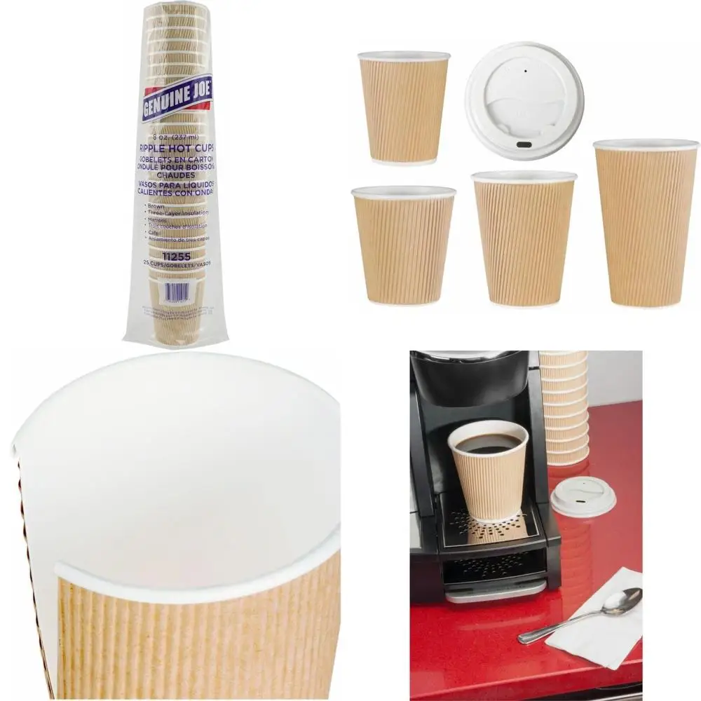 

Insulated 8oz Ripple Pattern Hot Cups, Brown, 3-Layer, Pack of 25, Bulk 20 Sleeves