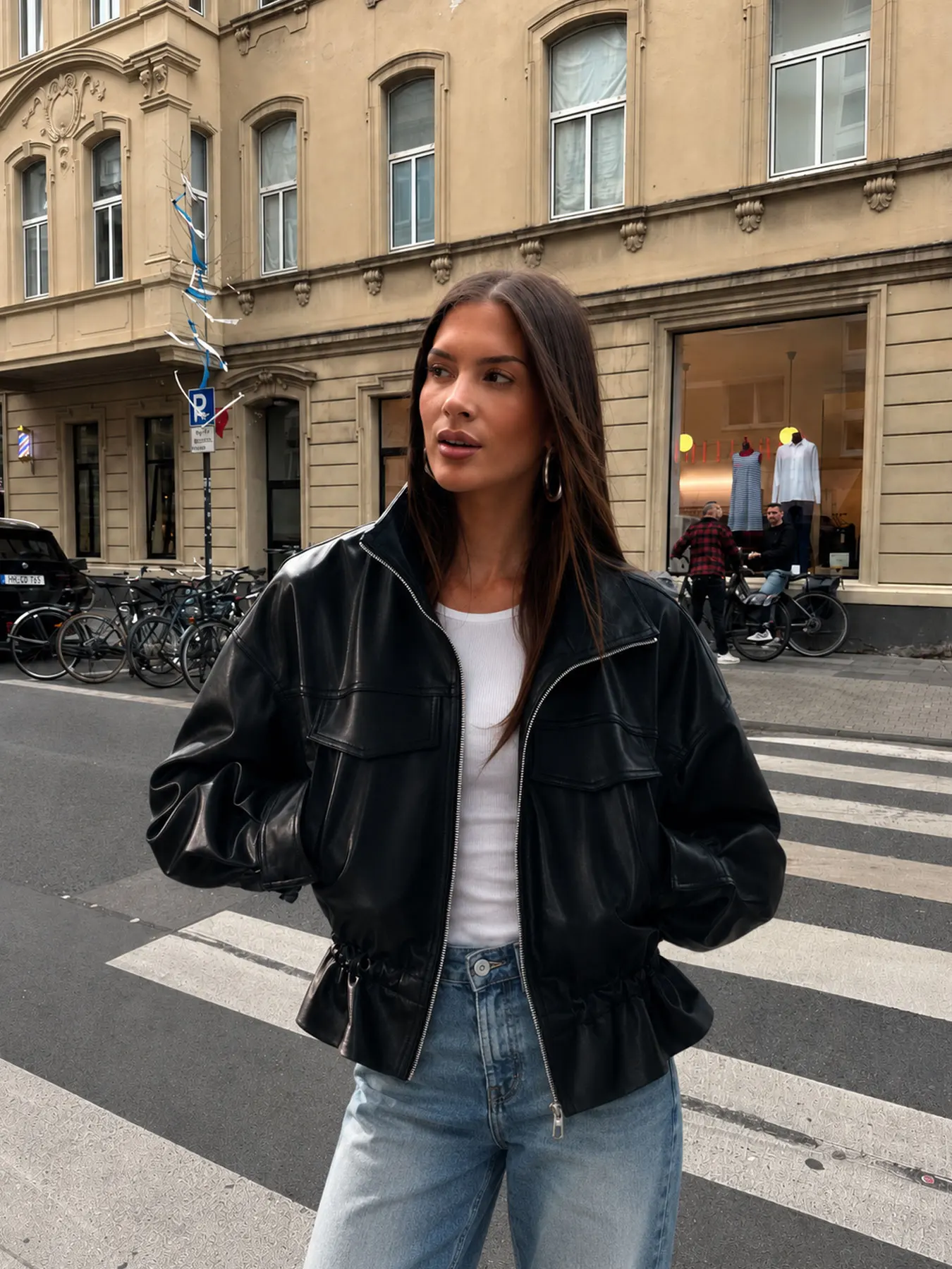 HH Women Vintage Solid Faux Leather Jacket Stand Collar Long Sleeve Zipper Coat Autumn Fashion Casual Chic Female Outerwear