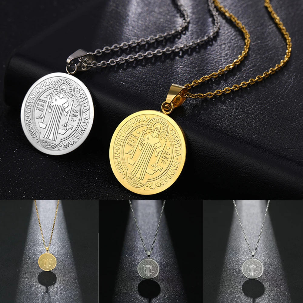 Hippop Stainless Steel Saint Benedict Necklace Men's San Benito Medal Pendant Necklace Stainless Steel Necklace with Religious