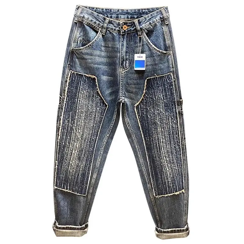 Original Luxury Brands Clothing Punk Handsome Design Trendy Brand Pants Men's Loose Straight Sticker Splicing Logging Work Jeans