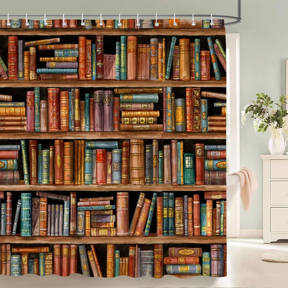 Retro style Simulation Bookshelf Printed Shower Curtain Bath Curtain Polyester Fabric home Decoration Curtains with Hooks