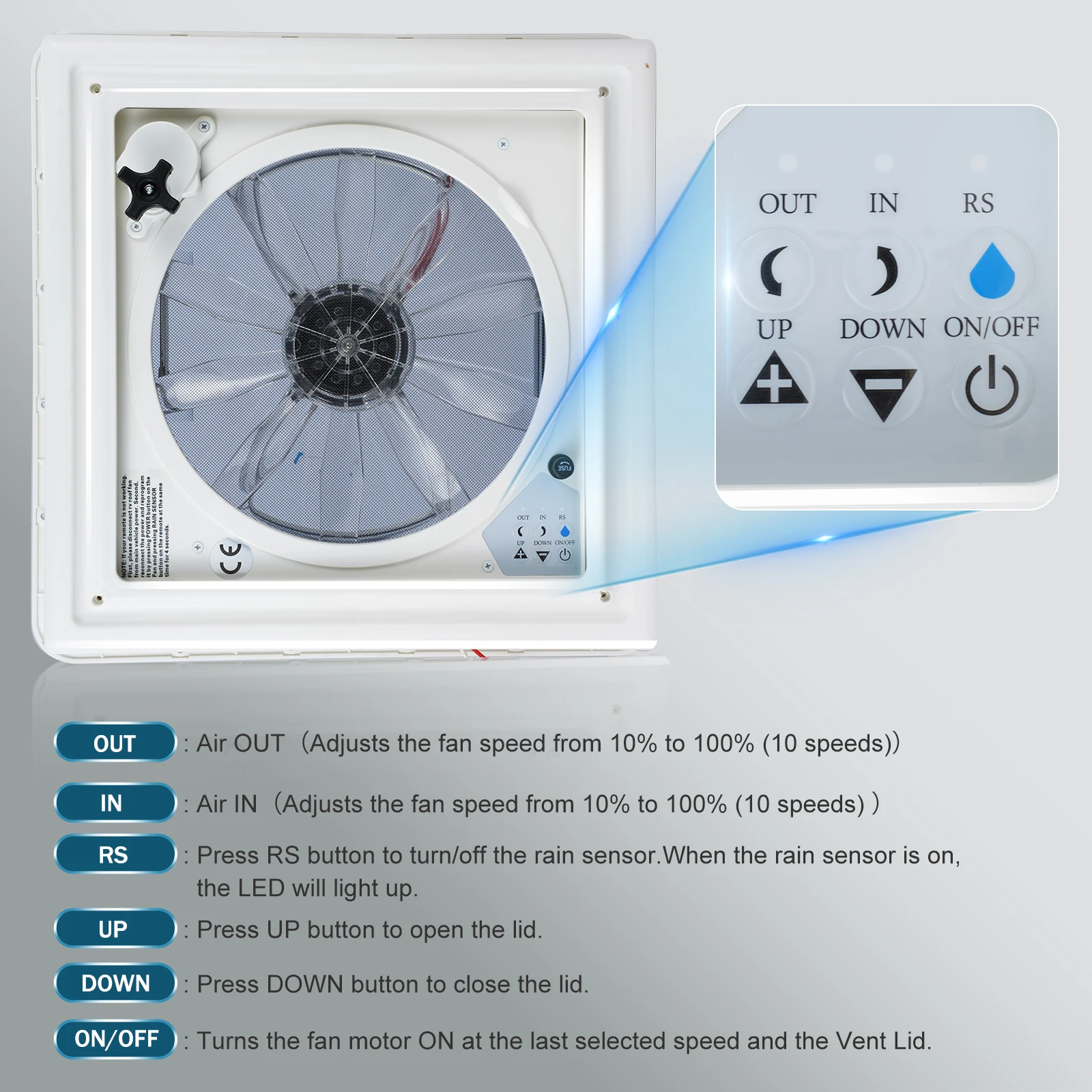 10/3 Speed RV Fan Rain Sensor Remote Control Caravan RV Roof Skylight Motorhomes Vents 12V Camper Vehicle Electric RV Vents Fan