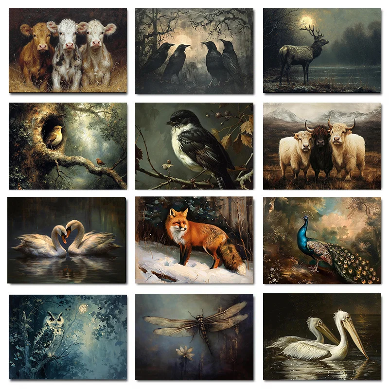 

Wildlife Fox Lion Black Swan Retro Posters Dark Forest Canvas Painting Prints Wall Art Picture Living Room Home Decor Wall Decor