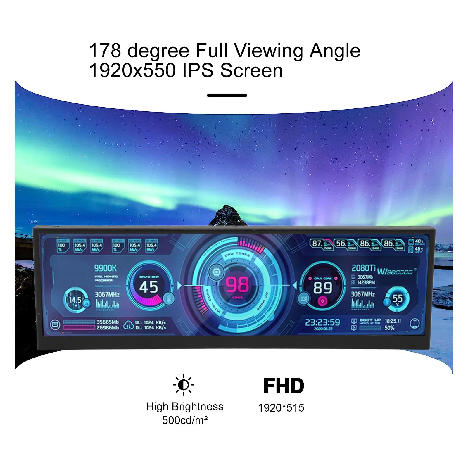 Portable FHD  Monitor 178 Degree Wide Viewing Angle 12.6 Inch Stretched Bar LCD Display Monitor Secondary Screen for Laptop