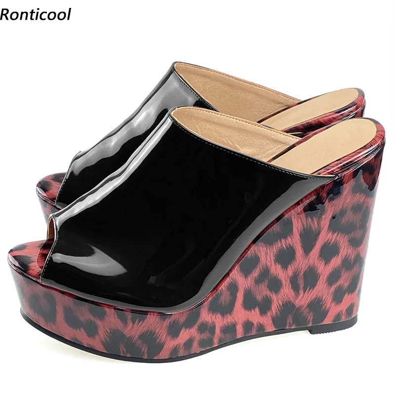 

Ronticool/женские сандалии-мюли, лакированные леопардовые туфли на танкетке, высокие каблуки с открытым носком, великолепные черные, красные, синие, белые туфли для вечеринок, размер США 5-20