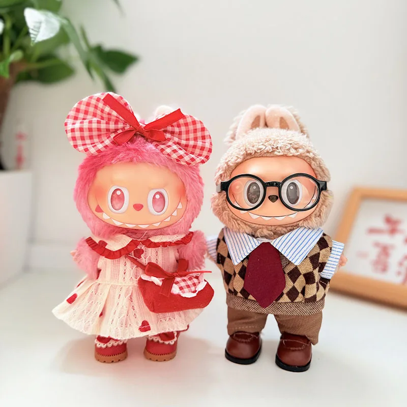 Doll Outfit Only For 1st-3rd Gen 15/17cm LABUBU Sitting Pose Scholarly Style Party Outfit With Red Heart Pudding Skirt Hanging