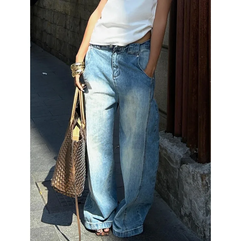 

Женские синие джинсы в стиле хип-хоп, модная винтажная уличная одежда Y2K, широкие прямые джинсы, брюки с высокой талией, классические мешковатые джинсовые брюки