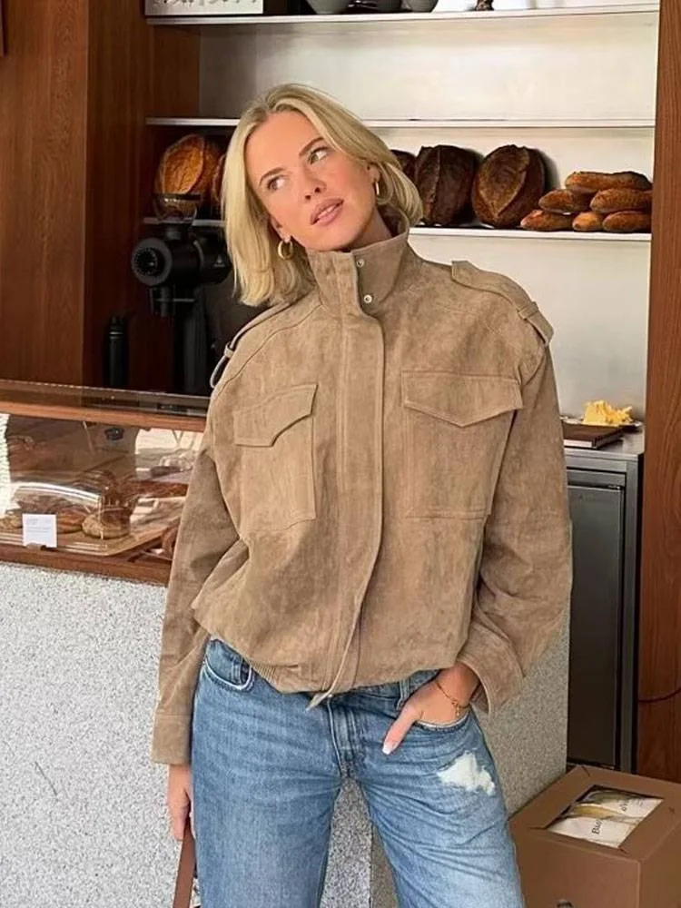 

2025 New Suede Zipper Jackets Fashion Women Loose Long Sleeve Spring Autumn Pocket Coats Casual Streetwear Solid Commute Outwear