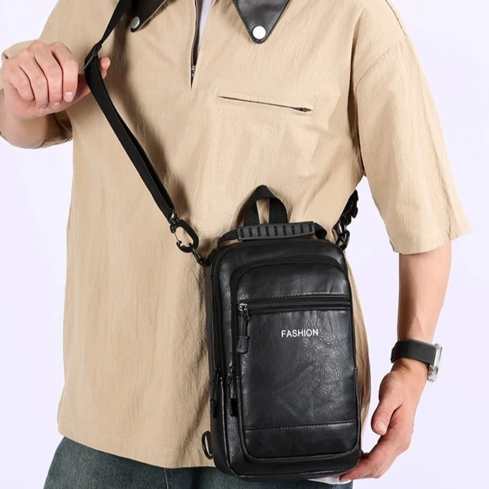 بو الجلود الرجال حقيبة الصدر جيوب متعددة متعددة متعددة الوظائف حقيبة كتف حبال حزام قابل للتعديل بلون الذكور حقيبة كروسبودي #1