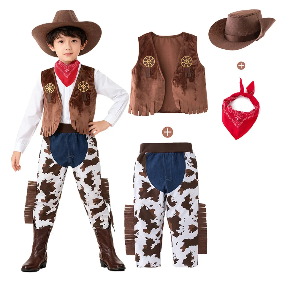 

Disney Toy Story Boys Set Kids Cowboy Outfit Birthday Gift Western Vest Pants Bandana Halloween Costume 4PCS Set for Boys Girls