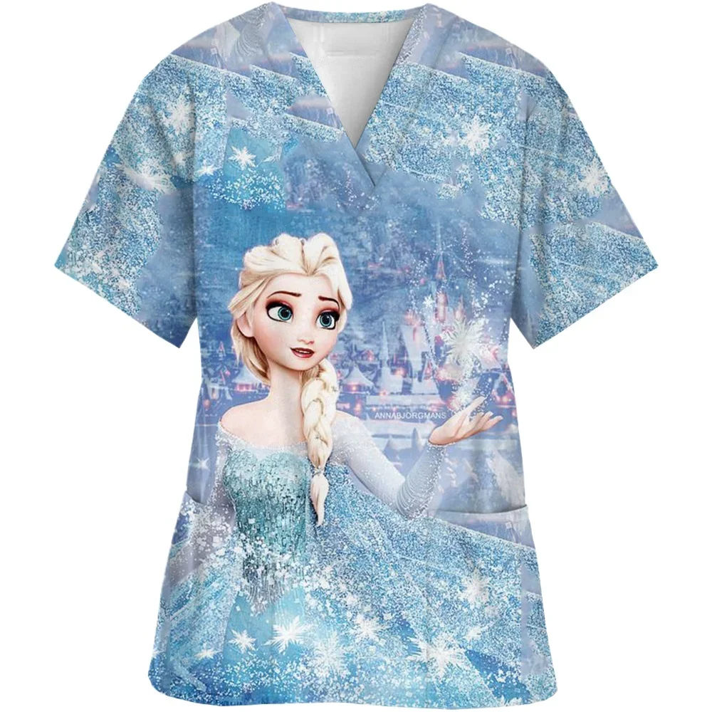 Disney Princess Ariel Elsa Print Scrub Tops Women Dentist Nursing Scrub Uniformes Medicos Para Mujer Workwear mommy and me