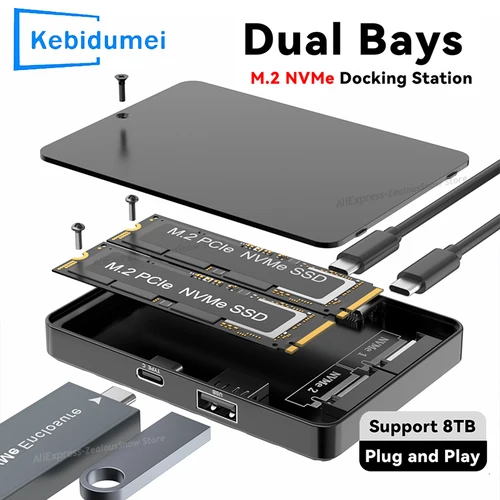 Funda SSD M2 NVME de doble bahía RGB 10Gbps PCIe NVME estación de acoplamiento USB3.2 GEN2 adaptador de caja de disco duro M.2 de estado sólido para PC