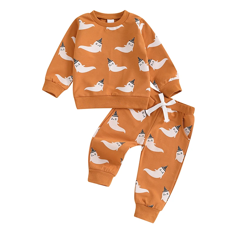 Infant Boys Halloween Outfits with Spooky Ghost and Pumpkin Print Tops and Cozy Drawstring Pants Sets for a Boo-tiful Look