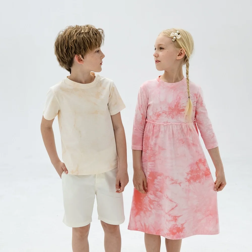 New Tie Dye Print Baby Teen Girls Midi Dresses and Boys Tops Family Matching Summer Soft Children brown Pink Clothes,#7009