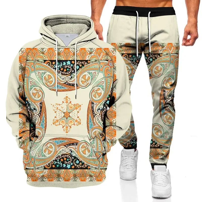 Men\'s Hoodie Sets Fashionable Hoodie Suit 3D Geometric Graphic Printed Comfortable Casual Oversize Loose Long Sleeve Pants