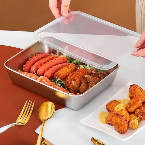 Утолщенная квадратная пластина из нержавеющей стали, прямоугольный поддон для хранения продуктов с крышкой, коммерческий поднос для посуды, контейнер для свежего ланч-бокса тарелка с крышкой отзывы - №1