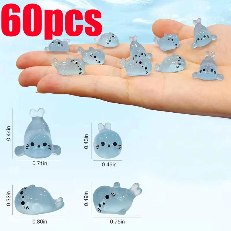 

60PCS Mini Luminous Resin Ornament Cute Blue Seal Pup Glow Micro Landscape Figurines Home Garden Fishbowl DIY Gifts Decoration