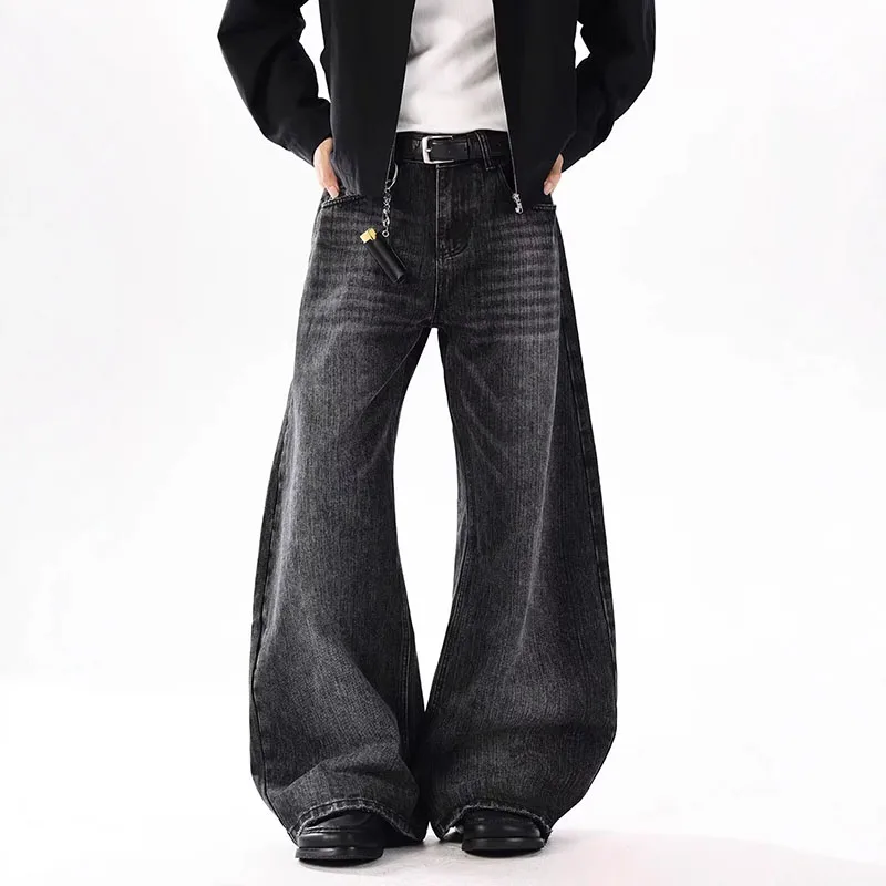 الكورية الخريف والشتاء الرجال الجينز الخيزران منقوشة سكين منحني الجينز فضفاض مستقيم الساق السراويل متوهج قليلا بنطال ذو قصة أرجل واسعة